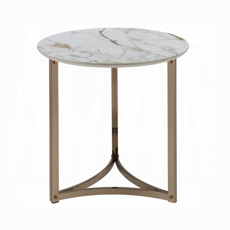 Acor Side End Table, 24 Inch, Round Sintered Stone Top, White and Gold