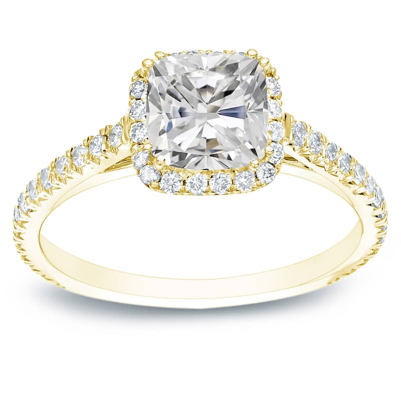 Auriya 14k Gold 1 1/2ctw Cushion-cut Halo Diamond Engagement Ring Certified (H-I, I1-I2) - Yellow - 9.5