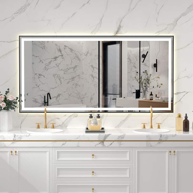 Black-Silver Glass LED Vanity Mirror with Defog, Touch Control and Dual Lighting - 72" W x 36" H