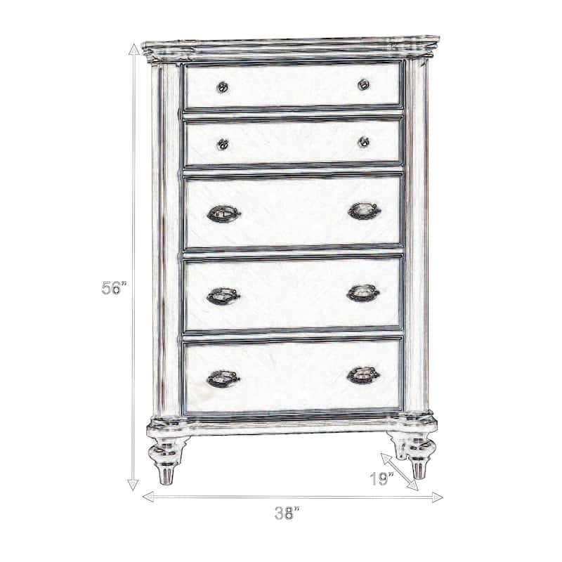 Ada 56 Inch 5 Drawer Tall Dresser Chest, Pine Wood, Chevron Pattern, Antique Champagne