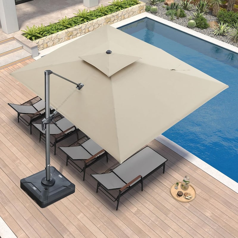 PURPLE LEAF 09x12/10x13 ft Rectangular Heavy Duty Large Offset Hanging 360°Rotation Patio Cantilever Umbrella with Base - Khaki/09x12ft