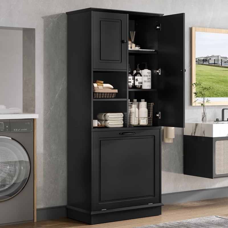 Tall Storage Cabinet with Adjustable Shelves, Large Flip-Out Basket & Enclosed Cabinets