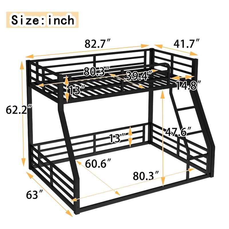 Metal Bunk Bed, Twin XL over Queen Floor Bunk Bed Frame, Heavy-Duty Bunk Bed for Kids, Teens, Adults, Noise-reduced Design