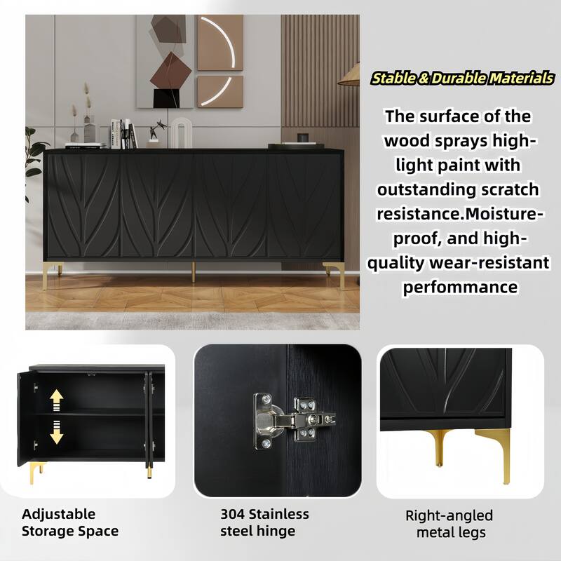 Modern Carved Sideboard Buffet Cabinet with Handleless Push-Open Design, for Living Room, Bedroom and Dining Room