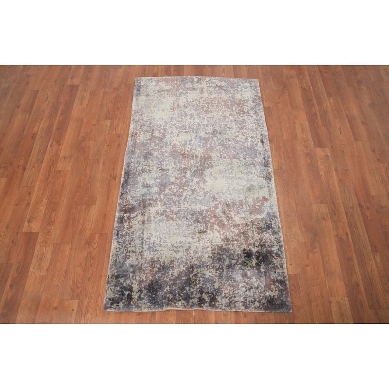 Hand Knotted Oriental Viscose Silk Carpet Modern All-Over Multi-Colored Abstract Area Rug - 4' 7'' X 2' 7''