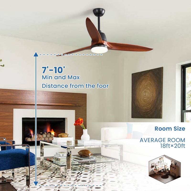 56 inch Wood Ceiling Fan Indoor w/Light and Remote Control 3 Wood Blades Bedroom - Blades Span 56 Inches