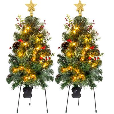 Joiedomi 24 in. Tall Christmas Prelit Pathway Trees with 40 LED Warm White Lights and Iron Tripod Stand (Set of 2)