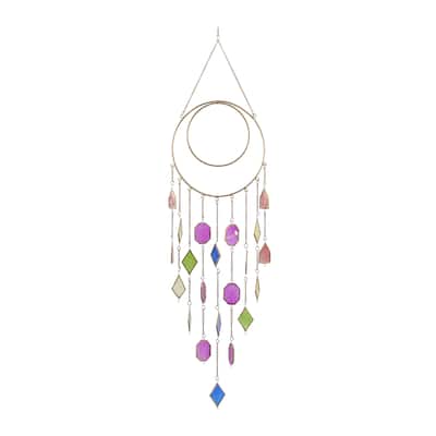 Metal Geometric Indoor Outdoor Windchime with Stained Glass - Multi Colored - Roche River Decor