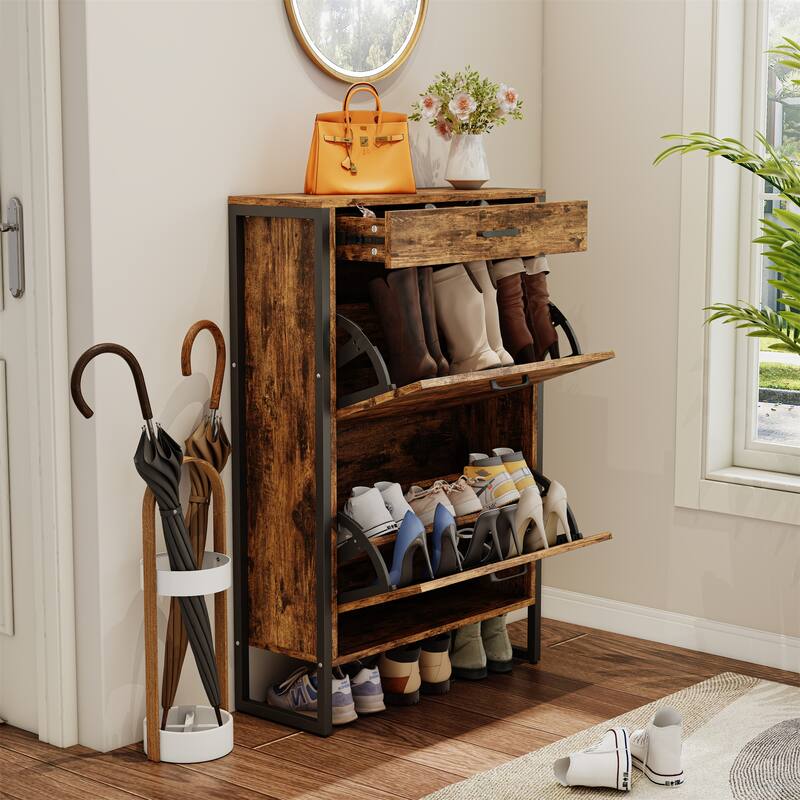 Wood Hidden Shoe Cabinet with 2 Flip Drawers for Hallway