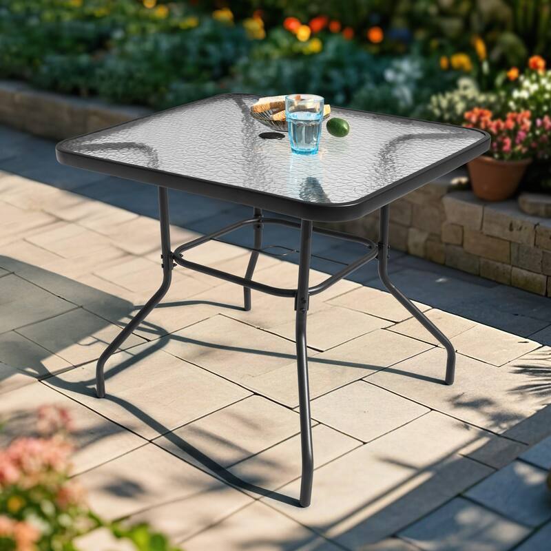 Square Metal Outdoor Dining Table with Umbrella Hole and Tempered Glass Tabletop, Black