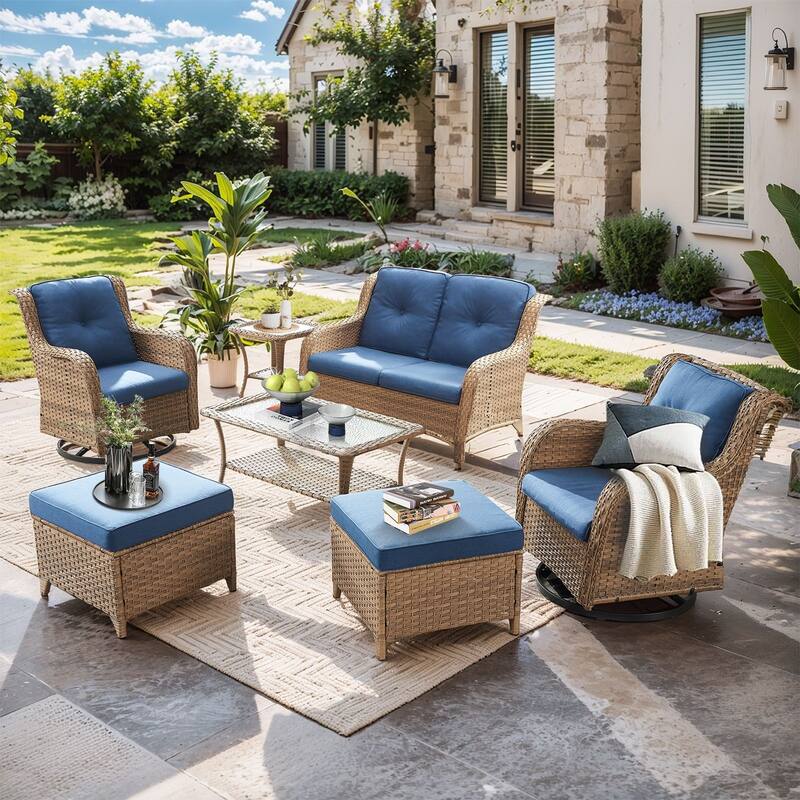 Pocassy Outdoor Sofa Swivel Chairs Table Ottoman 4 Inch Set - Yellow Wicker Blue Cushion - 7 Pieces 2-Seat Sofa Swivel Chair Table Ottoman