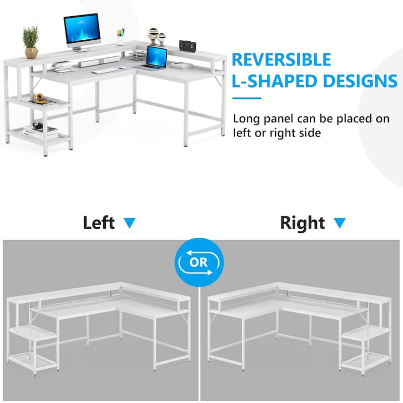69" L Shaped Desk with Monitor Shelf, Reversible Corner Computer Desk for Office Home