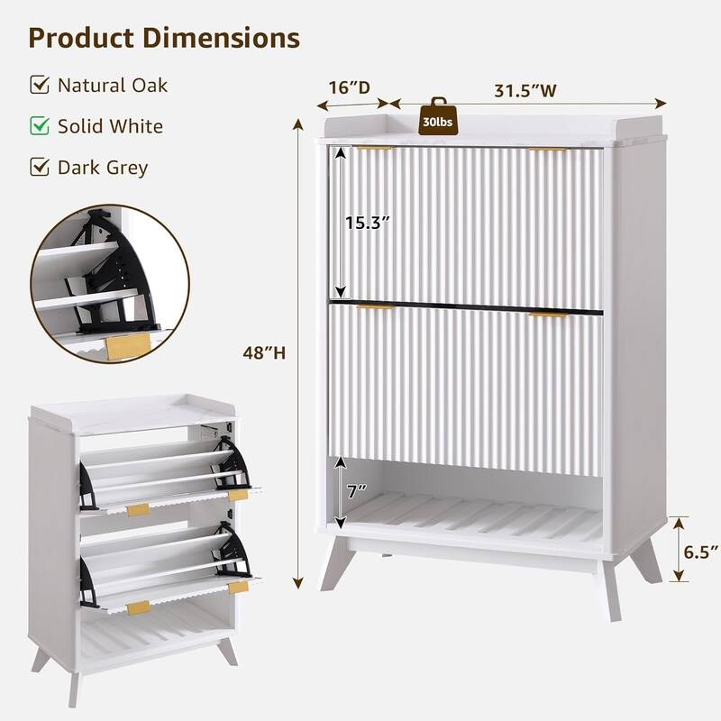 Fluted Shoe Storage Cabinet, Deep Shoe Organizer, Wooden Shoe Rack