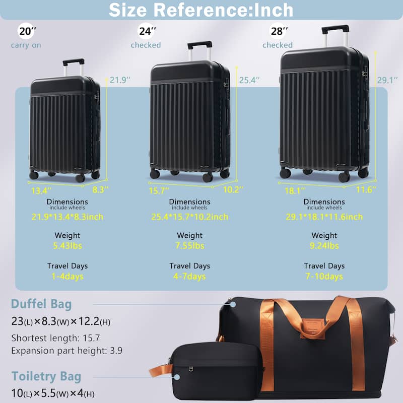 Luggage Set 5 Piece, Hardside Carry on Suitcase , Expandable Luggage with Travel Bags Spinner Wheels TSA Lock