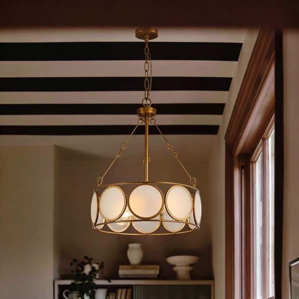 slide 2 of 11, Modern Farmhouse 3-Light Antiqued Gold Drum Chandelier Glass Pendant Lights for Dining Room - 16.5" D x 19.5" H