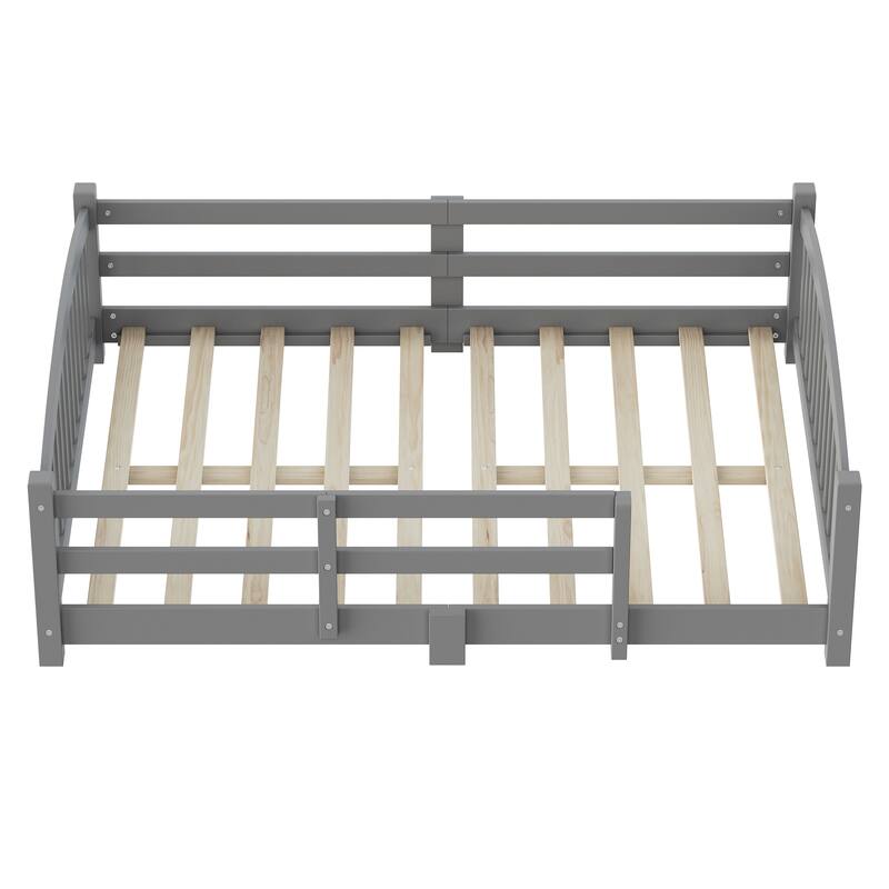Montessori Solid Pine Floor Bed with Full-Length Safety Fence & Slatted Base by Harper&Bright Designs