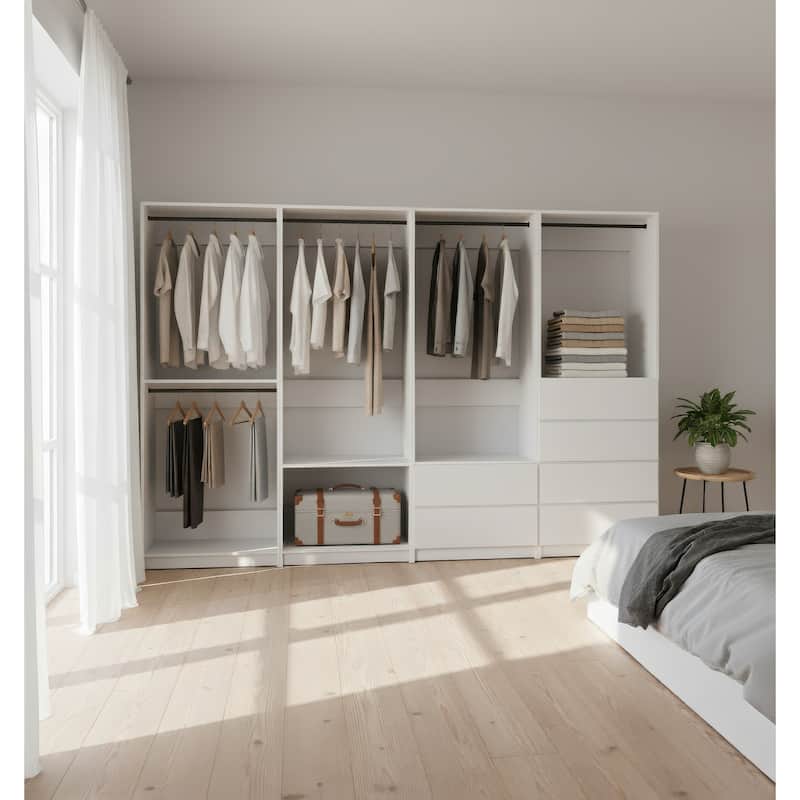 Prosper White Freestanding Walk in Wood Closet System - 125.6"W x 15.7"D x 83" H