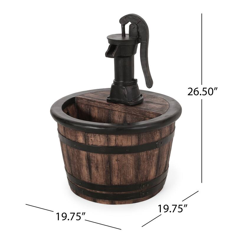 Roomfitters 26.5" Hand-Crafted Rustic Barrel and Pump Outdoor Water Fountain with LED Lights, Weather-Resistant Faux Stone, Wood