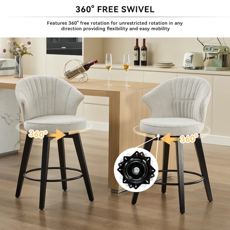 Chenille Upholstery Wing Back Swivel Bar Stools w/ Wood Legs(Set of 2)