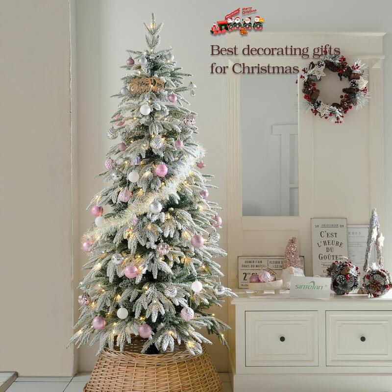 7ft Slim Flocked Christmas Tree Pre-lit w/767 Premium PE&PVC Tips, 250Warm White LED Lights, Skinny Noble Artificial Tree