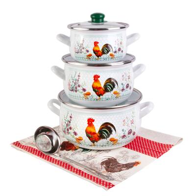 STP Goods Rooster Enameled Deep Casserole Set of 3 w/Towel & Ladle