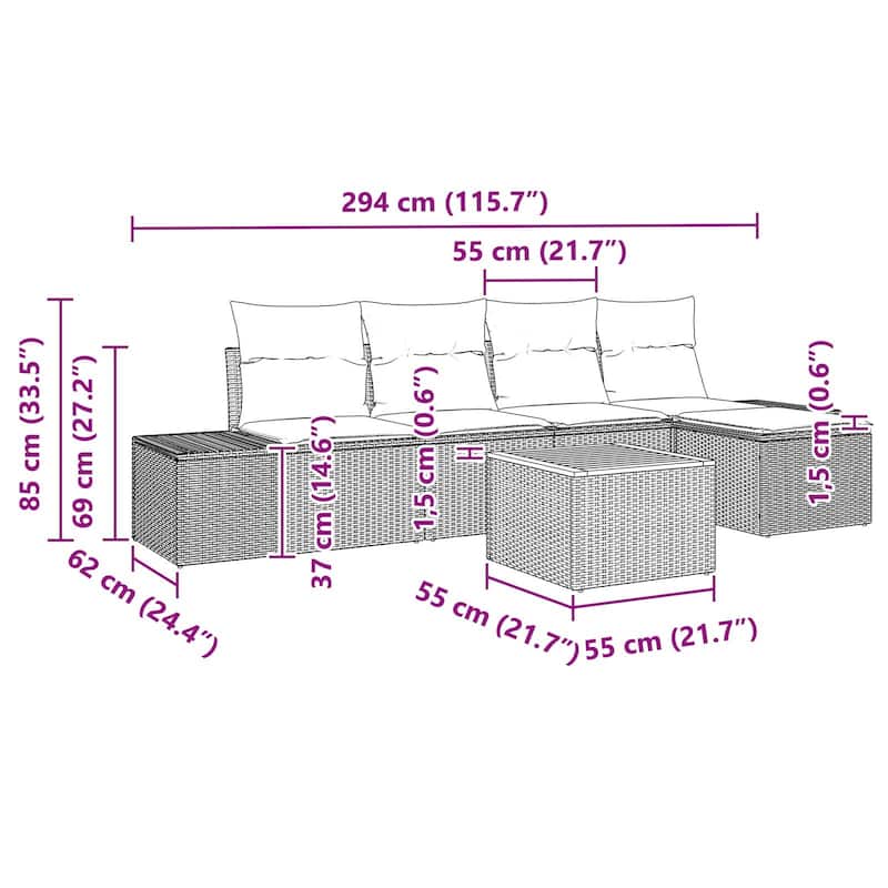 vidaXL 6 Garden Sofa Set with Cushions Black/Grey Poly Rattan - 115.7 x 24.4 x 27.2