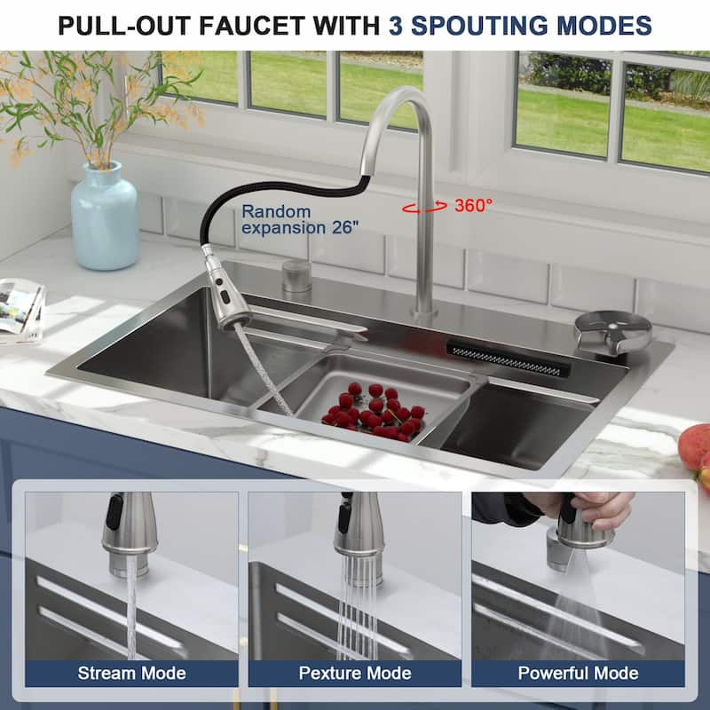 Lordear 31" Kitchen Sink Drop In Flying Rain Waterfall Stainless Steel Sink with Cup Washer and Pull Out Faucet