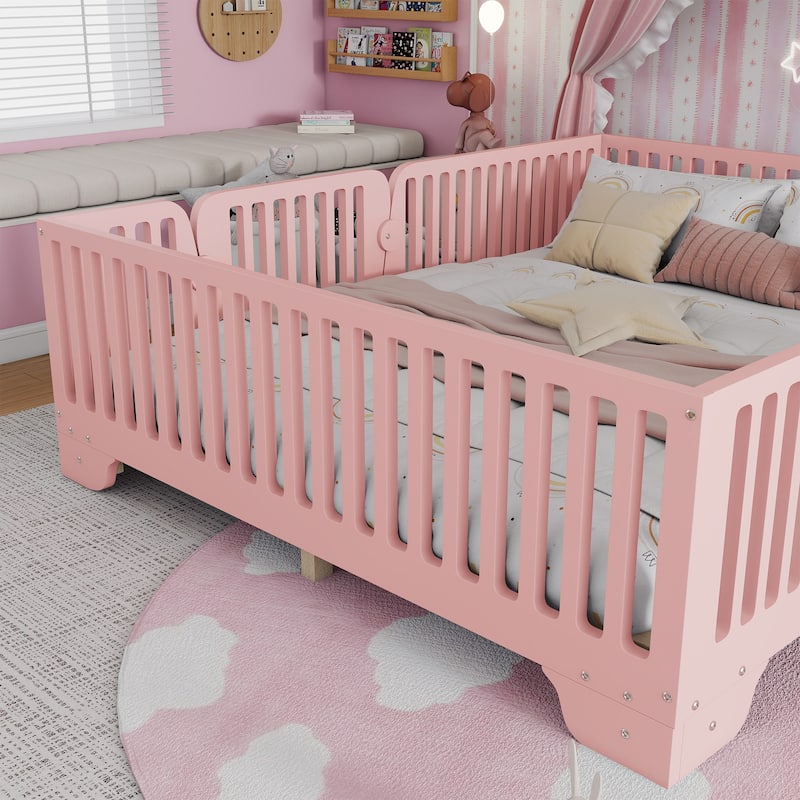 Kids Floor Bed with Safety Fence and Removable Door for Boys Girls