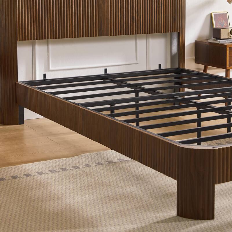 Full XL Bed Frame with Storage Headboard, Charging Station, Wavy Design, Silent Operation, Walnut Finish
