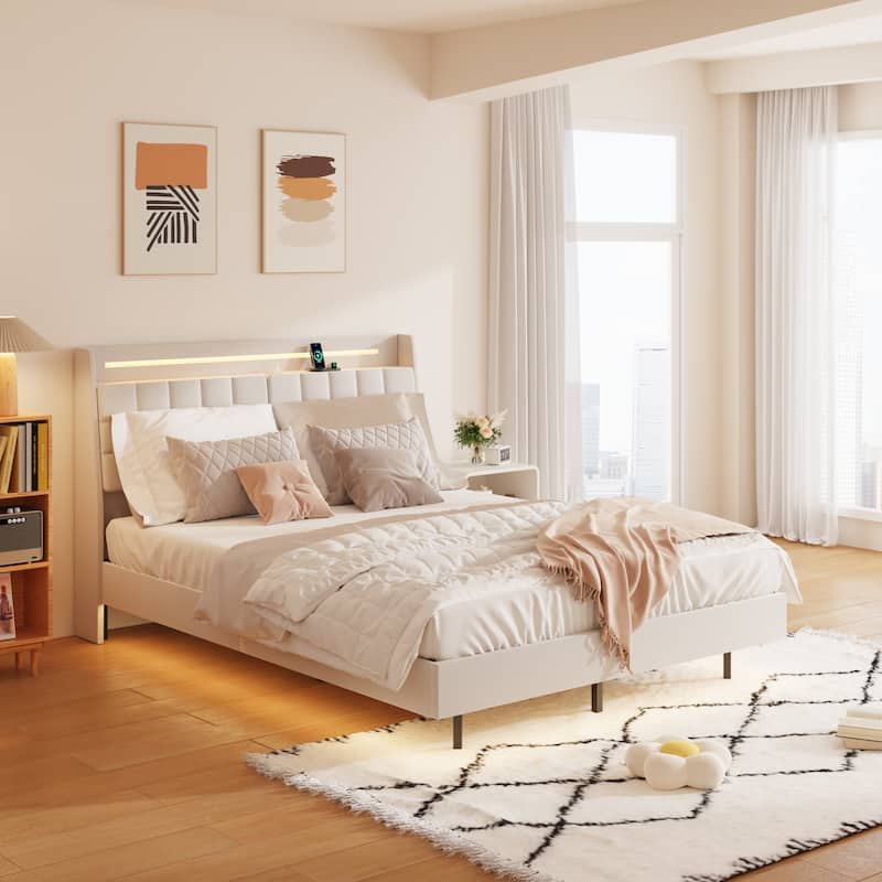 King/Queen Floating Bed Frame with LED Light, USB Charging, and Hidden Storage, Upholstered Platform Bed with Headboard - Beige-Queen - Queen