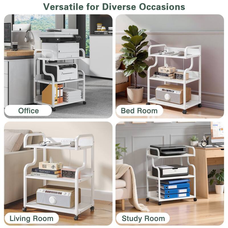 VECELO Mobile Printer Stand with Outlets & Locking Wheels White Rolling Cart Home Office Cart with USB Charging Station