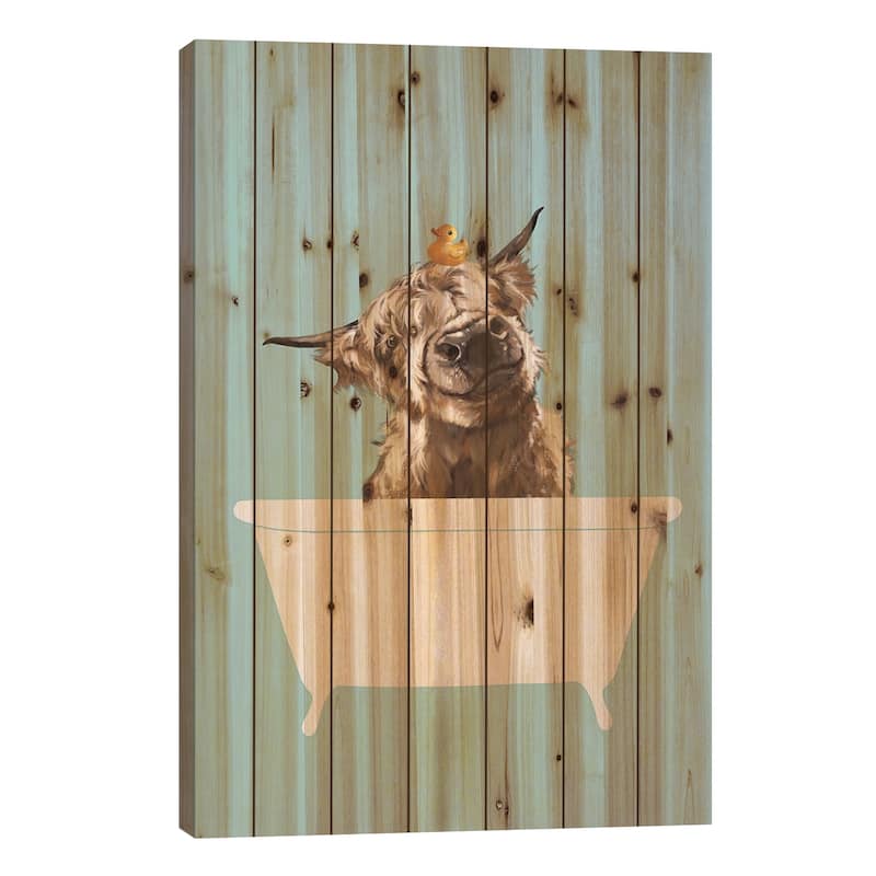 Playful Highland Cow In Bathtub Print On Wood by Big Nose Work - Multi-Color - 26x18x1.5