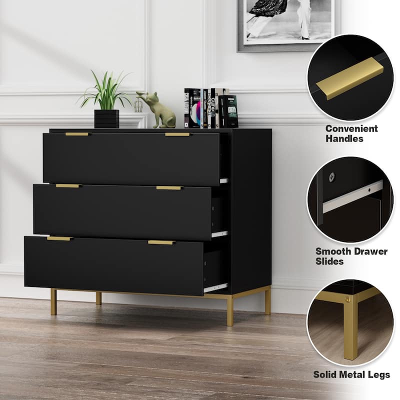 31.5" W 3-Drawer Black Dresser Modern Wood Chest of Drawers Storage Organizer for Bedroom