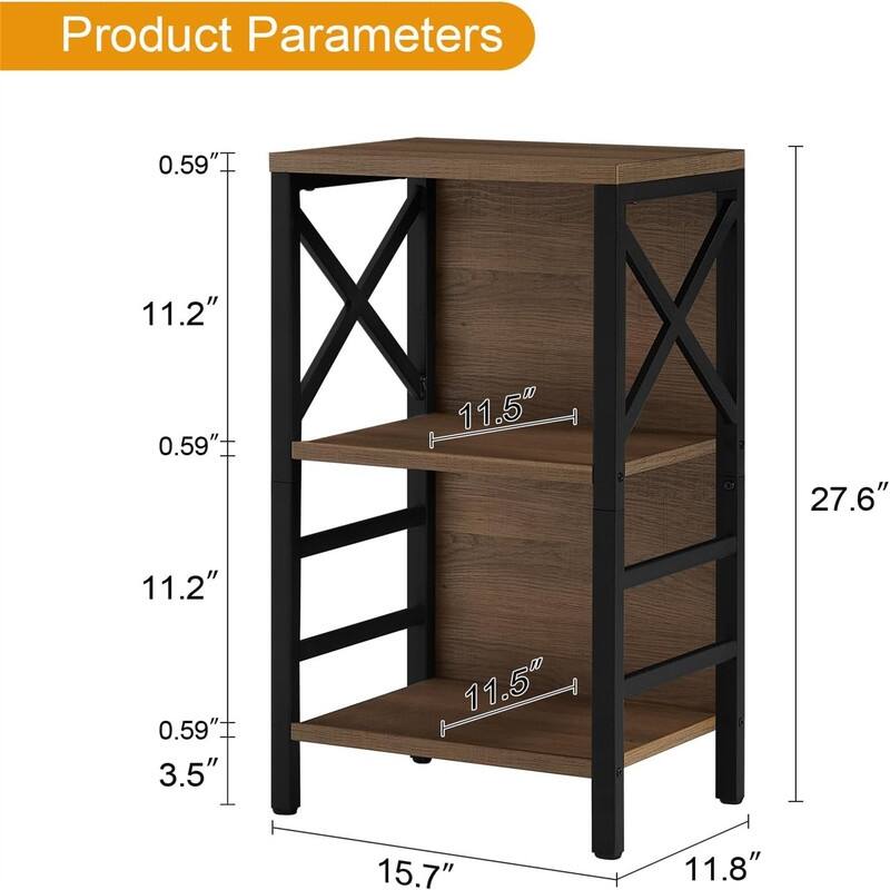 Industrial 3 Tier Bookshelf Narrow Bookcase with Rustic Wood and Metal - 15.7"D x 11.8"W x 27.6"H