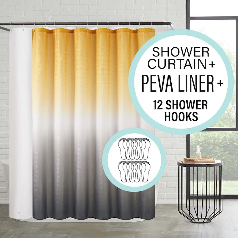 14-Piece Bath/Shower Set - Ombre Shower Curtain, Hooks & PEVA Liner