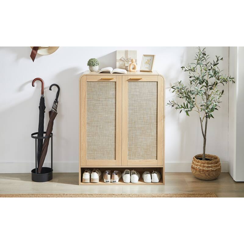 GDF Studio - Lindenwave Coastal Rattan and Wood Shoe Storage Cabinet with Adjustable Shelves