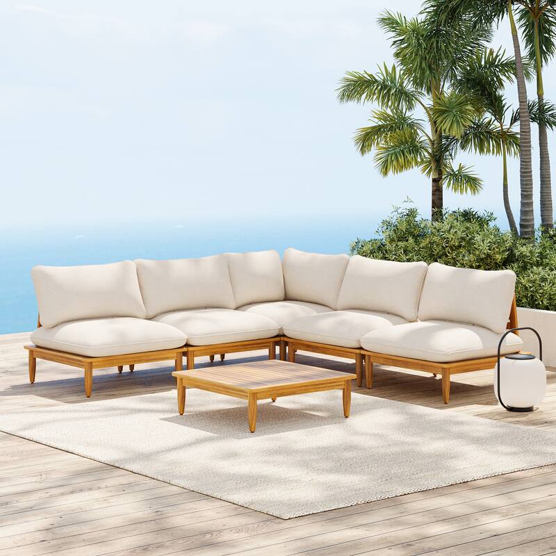 Scott Living Sacova Outdoor Acacia Wood V Shape Seating Set, Teak Finish Frame with Beige Cushion - Teak Finish+Beige Cushion