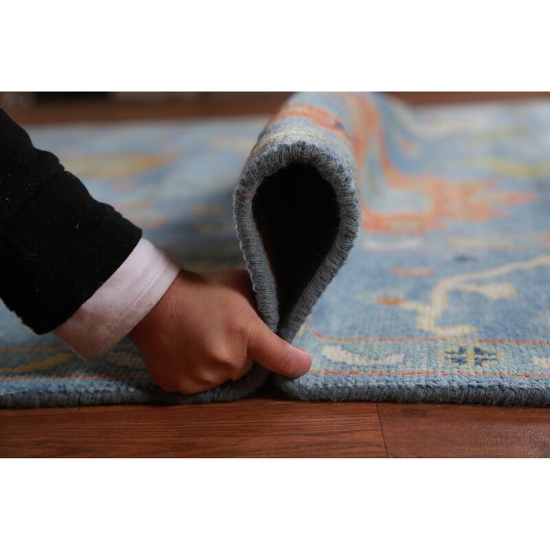 All-Over Blue Oushak Indian Large Rug Hand-Knotted Wool Carpet - 9'1" x 17'9"