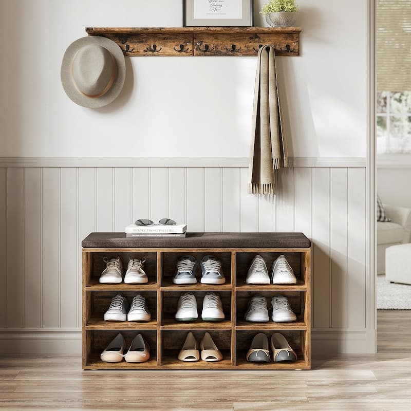 9-Compartment Storage Bench with Comfortable Linen-Look Seat Cushion for Shoes and Accessories - 11.9"D x 30.9"W x 18.9"H