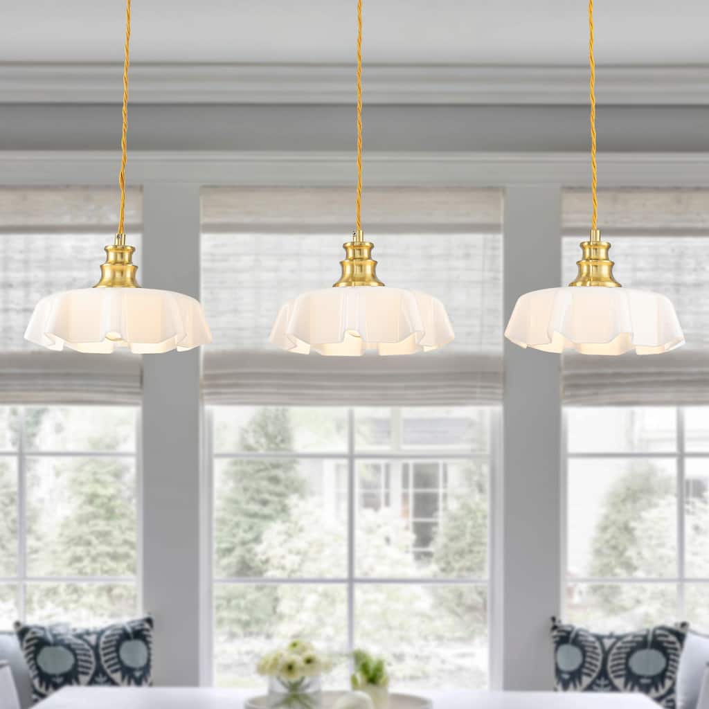 Linear Kitchen Island Pendant Light White Ruffled Glass Petal Shades - W 31.89-in