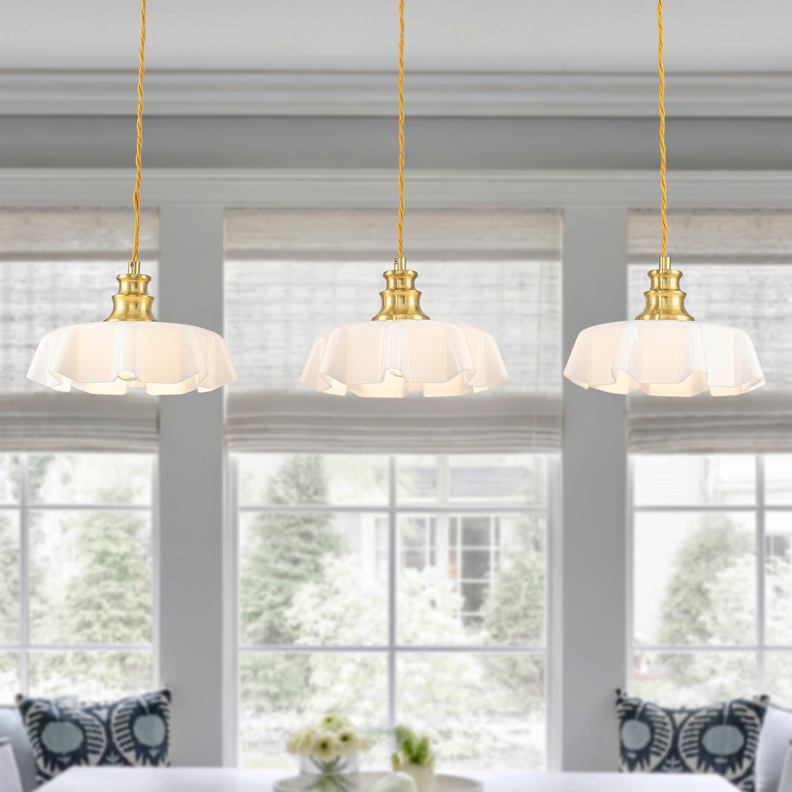 Linear Kitchen Island Pendant Light White Ruffled Glass Petal Shades - W 32-in