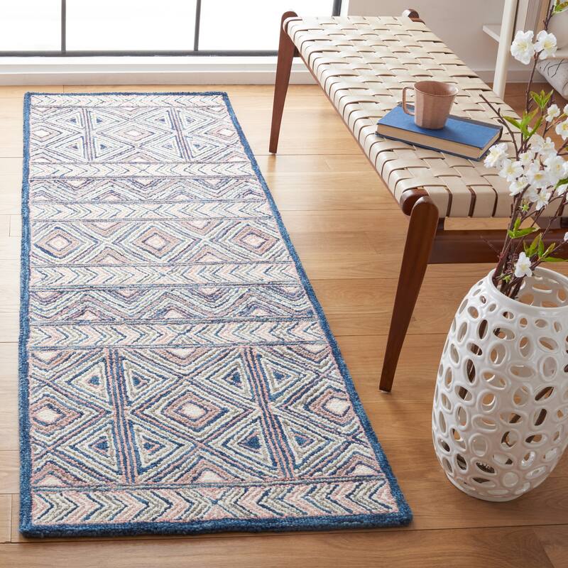SAFAVIEH Handmade Micro-Loop Maider Transitional Wool Rug - 2'3" x 7' Runner - Pink/Blue