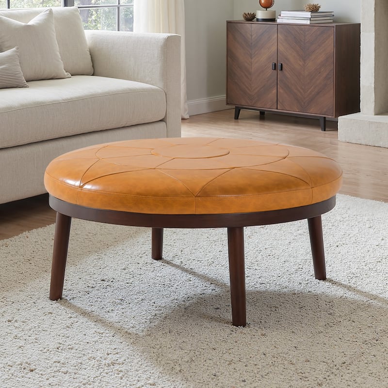 UIXE Full Grain Genuine Italian Leather Round Ottoman Modern Oversize Side Tble