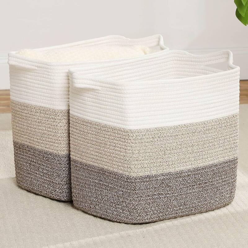 Storage Baskets for Clothes Fabric Cotton Rope Storage Basket with Handles - 14"L x 11"W x 14"H - Gradient Brown