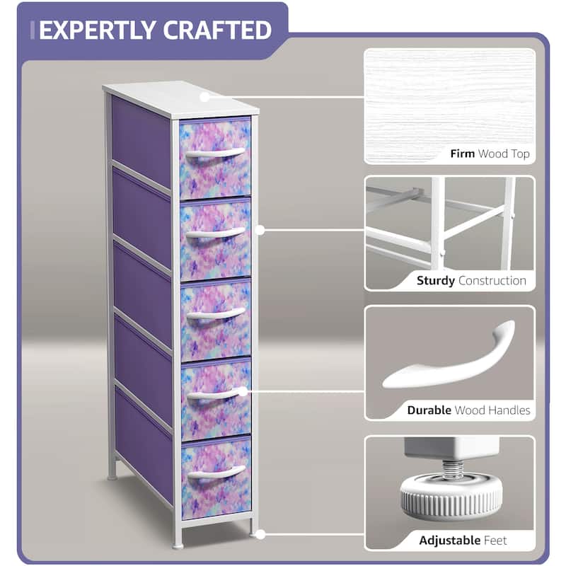 Sorbus Narrow Dresser with 5 Drawers - Vertical Slim Storage Chest of Drawers with Steel Frame, Wood Top & Easy Pull Fabric Bins