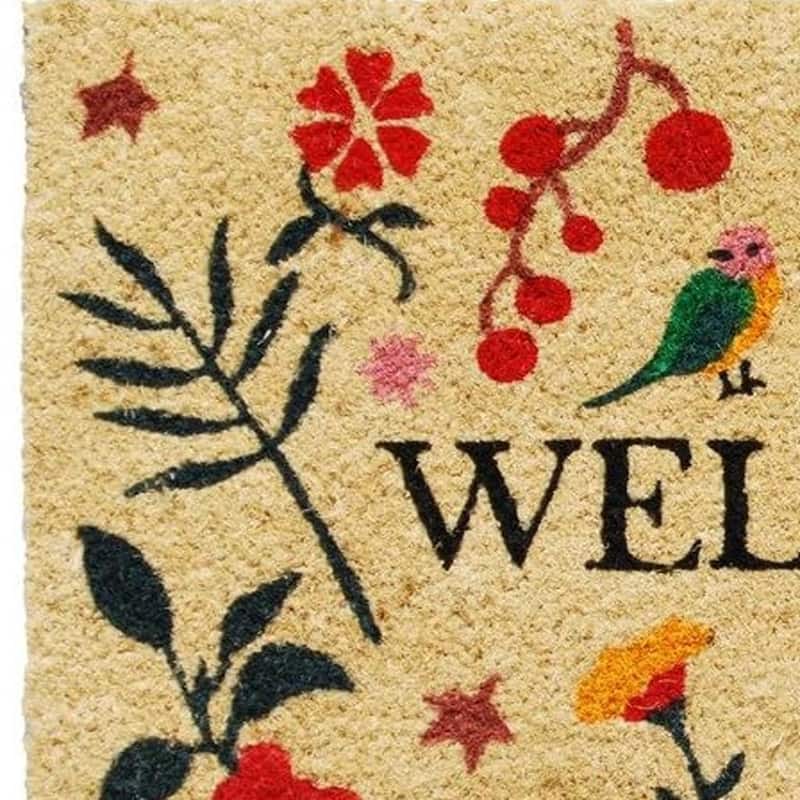 HomeRoots 17" X 29" Brown Red Black And Green Floral Birds Welcome Outdoor Coir Door Mat - 17.00' X '29.00