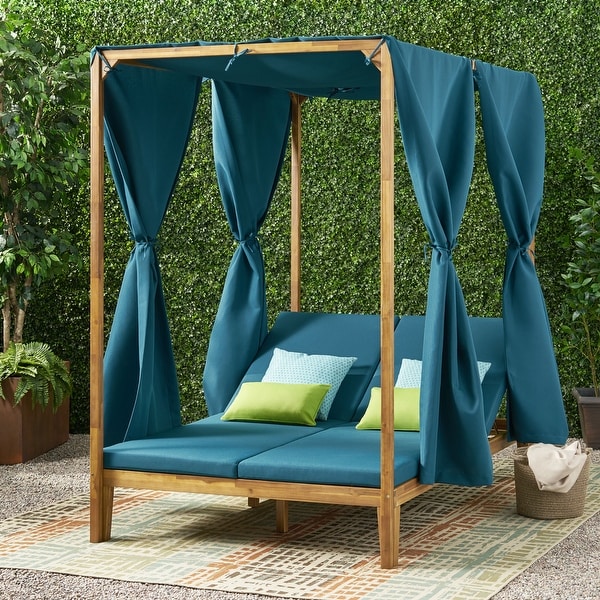 Kinzie Outdoor 2-seat Adjustable Acacia Daybed w/ Curtains Kinzie Outdoor 2-seat Adjustable Acacia Daybed w/ Curtains