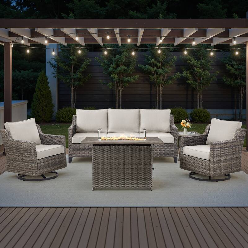 Pocassy Outdoor Swivel Chair with Sofa with Fire Pit Table - Beige Cushion Gray Wicker - 5-Piece Sofa Siwvel Chair w/ Fire Pit Table