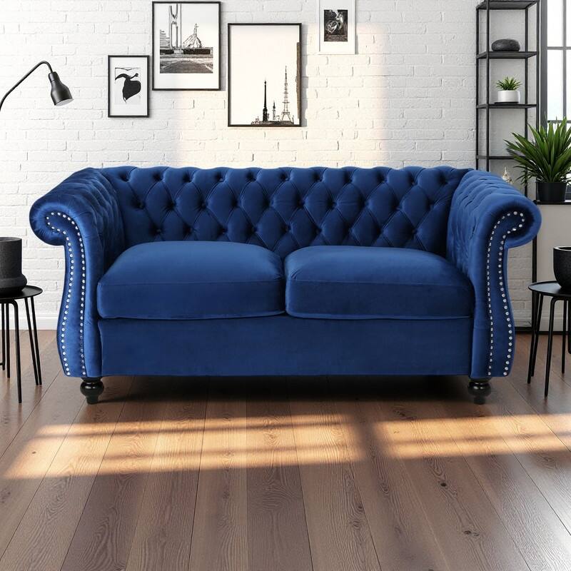61.75" Velvet Chesterfield Loveseat Sofa with Button-Tufted Upholstery, Nailhead Trim and Rolled Arms - Navy Blue