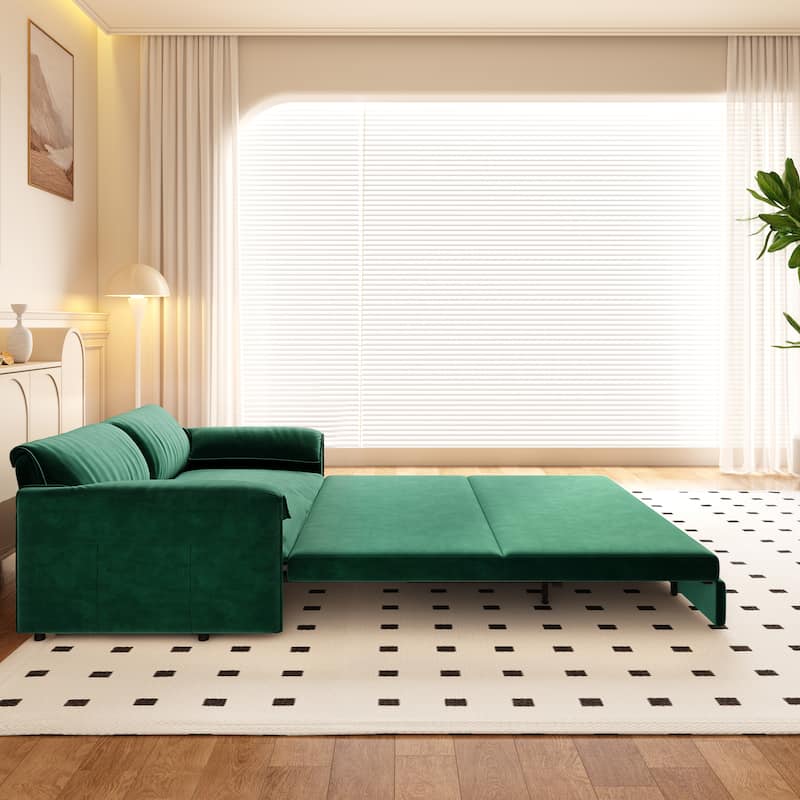 66" Queen Velvet Pull Out Sofa Bed w/ Side Storage Multi-Functional Loveseat Bed for Living Room Office - Green
